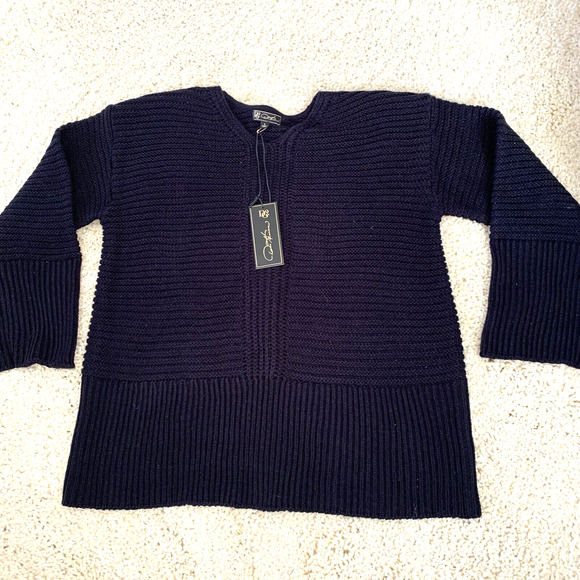 DG2 by Diane Gilman Sweater Womens Large Ribbed Knit Blue 3/4 Wide Sleeve NEW - Picture 1 of 6